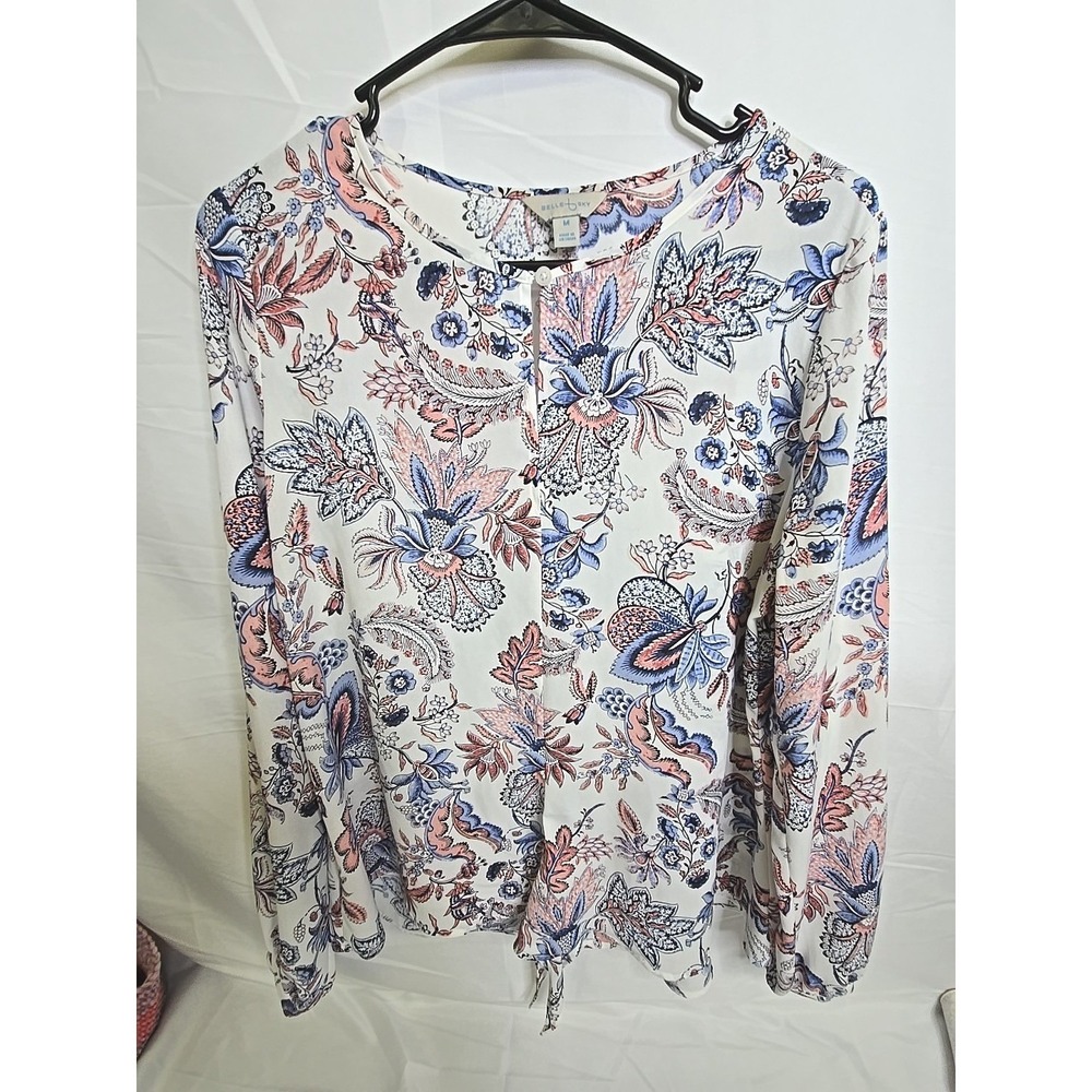 Belle + Sky Floral Long Sleeve Blouse White Blue Pink Romantic Feminine Medium